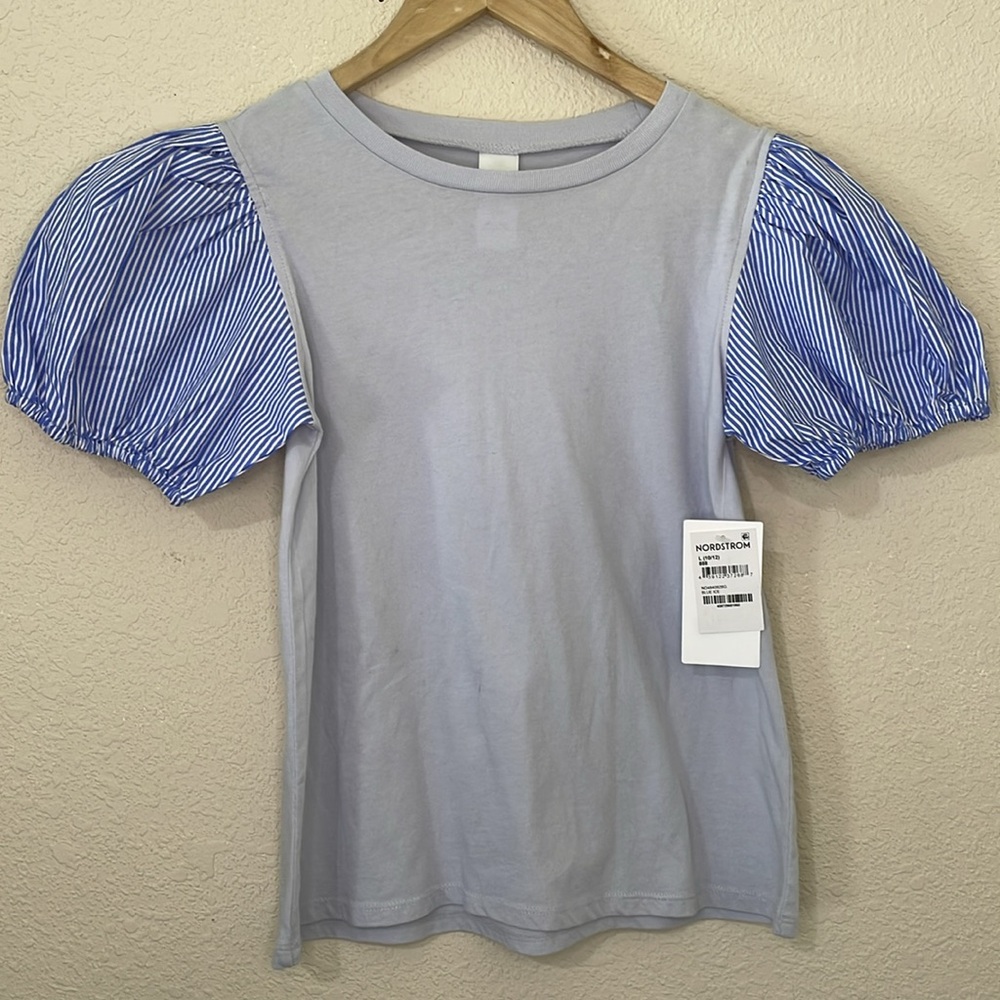 NEW Nordstrom Puff Short Sleeve Top Blue Stripes Shirt Girls Size Large 10-12